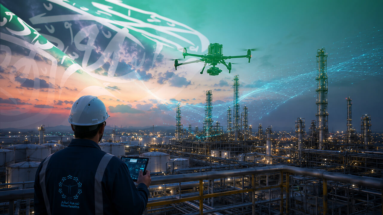 Industrial UAV drone inspecting power transmission lines and oil and gas energy infrastructure in Saudi Arabia